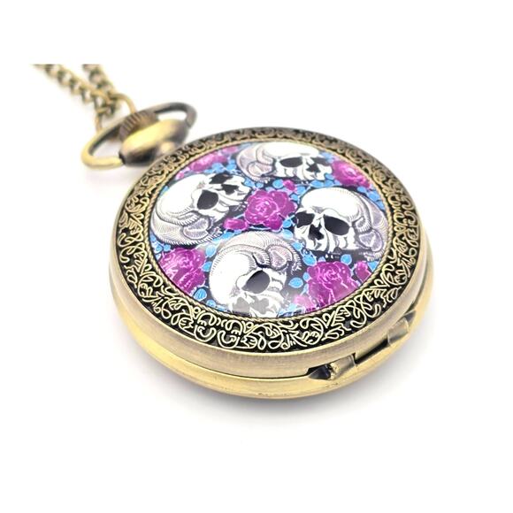 Skull & Roses Pocket Watch - Gothic Purple Floral Skeleton Charm Halloween Gift - Picture 6 of 10